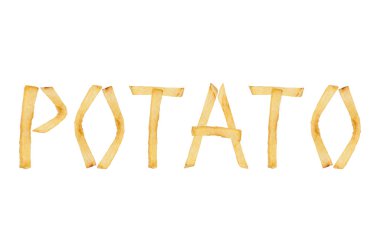 Kelime Patates beyaz arka plan üzerinde izole kızarmış patates kızartması uzun çubuklar dışarı koydu