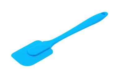 Beyaz arka plan üzerinde izole şekerleme için plastik saplı mavi kauçuk veya silikon spatula