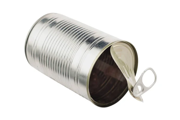 One Whole Disposable Opened Metal Glossy Chrome Tin Canned Food — Stock Photo, Image