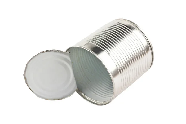 白い背景に隔離された缶詰食品のための1つの使い捨て可能なオープンメタル光沢クロムスズ — ストック写真