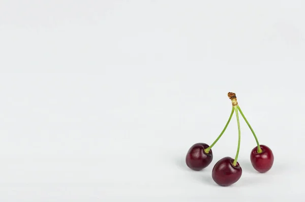 Trois Cerises Rouges Fraîches Sur Fond Blanc — Photo