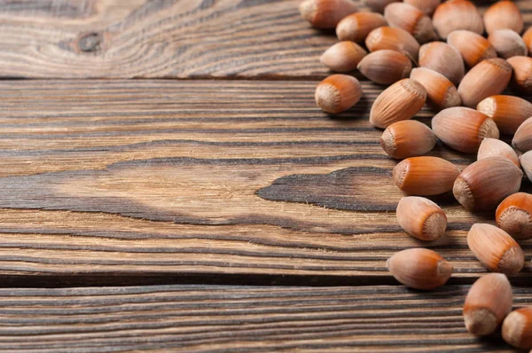 Fresh Ripe Hazelnuts Strewn Old Weathered Wooden Table Kitchen — Stock Photo, Image