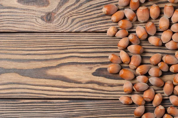 Fresh Ripe Hazelnuts Strewn Old Weathered Wooden Table Kitchen Top — Stock Photo, Image