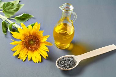 Tohum tam ahşap kaşık yakın sarı yaprakları ile güzel çiçek açan ayçiçeği, gri beton üzerinde yağ cam sürahi