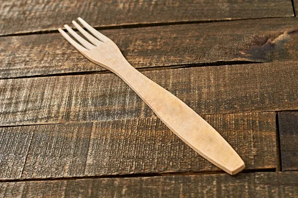 Single Clean Wooden Fork Lies Old Brown Rustic Wooden Planks — Stock Photo, Image