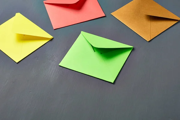 Group Colorful Square Envelopes Lies Old Scratched Dark Concrete Space — Stock Photo, Image