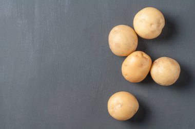 Dağınık bütün taze olgun patates koyu çimento masada yatıyor. Metin için alan kopyalama