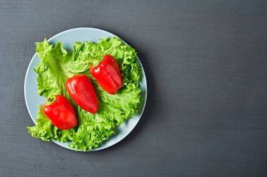 Taze yeşil kabarık salata salatası, kırmızı biber, yuvarlak tabak çizik koyu betonun üzerinde. Vejetaryen, diyet, sağlıklı, düşük kalorili yiyecekler. Mesaj için yer var. Üst görünüm