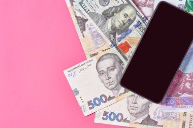 Akıllı telefon ve pembe arka planda farklı paralar. Mobil bankacılık kavramı. Evden online alışveriş. Uzaklık denetimi mali denge