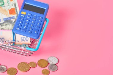 Farklı banknotlar, madeni paralar ve mavi hesap makinesi. Pembe arka planda metal market sepeti. Satın al ya da sat. Döviz kurları kavramı