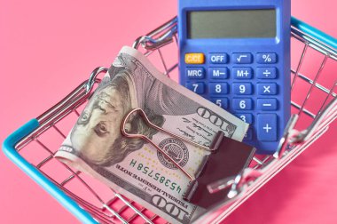 100 dolarlık banknot ve pembe arka planda metal market sepetinde mavi hesap makinesi. Satın al ya da sat. Döviz kurları kavramı