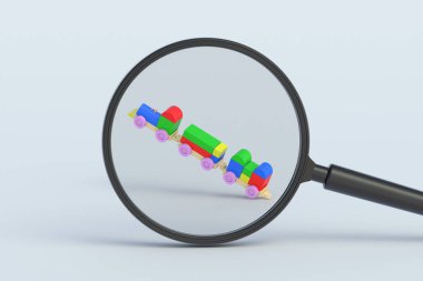 Oyuncak tren büyüteç arkasında. 3d hazırlayıcı
