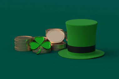 Altın leprikon paraların yanında yonca ve yeşil arka planda şapka. Aziz Patrick Günü tatili. İrlanda geleneği. Şanslı sembol. 3d hazırlayıcı