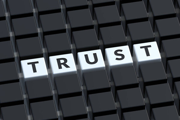 Trust word on cubes. Business relationship. Fiduciary partner. 3d render
