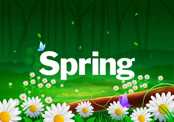 Sping Text Green Jungle Theme Based Background 框架底部有花朵的白色文字 — 图库照片