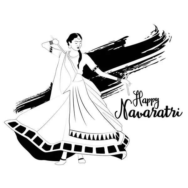 Ilustración Una Niña Tocando Dandiya Noches Garba Disco Con Motivo — Vector de stock