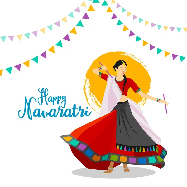 Dussehra (Navaratri) vesilesiyle Garba disko gecelerinde dandiya çalan bir kızın tasviri. Hint Festivali.