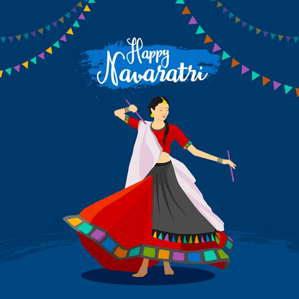 Dussehra (Navaratri) vesilesiyle Garba disko gecelerinde dandiya çalan bir kızın tasviri. Hint Festivali.