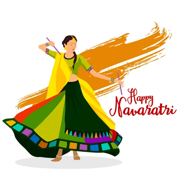 Dussehra (Navaratri) vesilesiyle Garba disko gecelerinde dandiya çalan bir kızın tasviri. Hint Festivali.