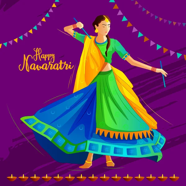 Dussehra (Navaratri) vesilesiyle Garba disko gecelerinde dandiya çalan bir kızın tasviri. Hint Festivali.