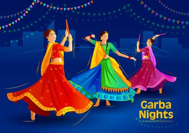 Geleneksel elbiseli kızlar Navaratri-Dussehra vesilesiyle bir garba disko gecesinde dandiya oynuyorlar. Hint Festivali. Patakalarla süslenmiş mavi arkaplan.