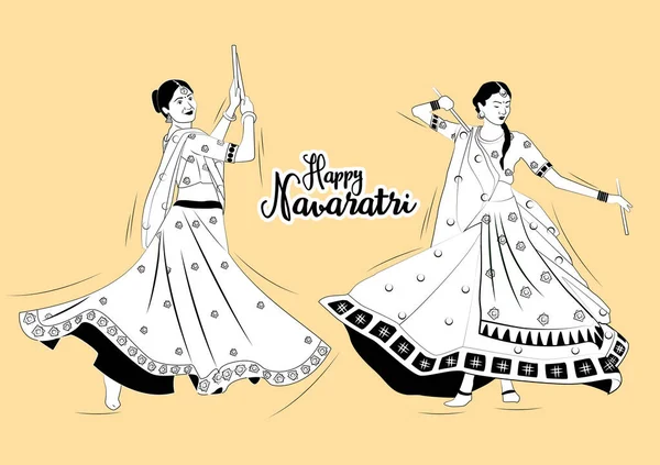Geleneksel elbiseli kızlar Navaratri-Dussehra vesilesiyle bir garba disko gecesinde dandiya oynuyorlar. Hint Festivali. Siyah ve Beyaz..