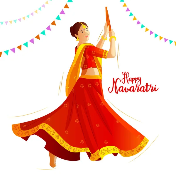 Una Chica Con Vestido Rojo Jugando Dandiya Una Noche Garba — Vector de stock