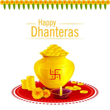 Happy Dhanteras. Happy Dhanteras Background Vector Illustration. Having Marigolds flower (Flowers), Mango leaf (leaves), Diya, Gold coin and many more. clipart
