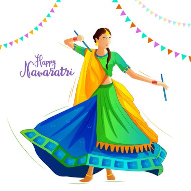 Navaratri Garba Disko Geceleri vesilesiyle kız resimleri dandiya oynuyor. Renkli geleneksel elbiseler giyiyorlar. Mavi renkte dekore edilmiş arka plan. Mutlu Navaratri. Mutlu Dussehra.