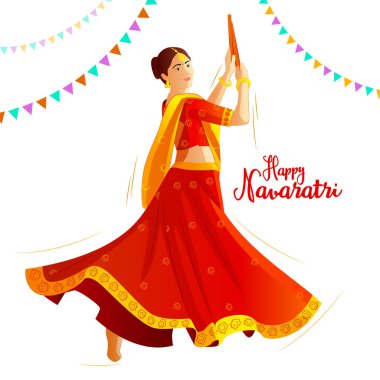 Navaratri Garba Disko Geceleri vesilesiyle kız resimleri dandiya oynuyor. Renkli geleneksel elbiseler giyiyorlar. Mavi renkte dekore edilmiş arka plan. Mutlu Navaratri. Mutlu Dussehra.