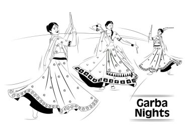 Navaratri Garba Disko Geceleri vesilesiyle kız resimleri dandiya oynuyor. Renkli geleneksel elbiseler giyiyorlar. Mavi renkte dekore edilmiş arka plan. Mutlu Navaratri. Mutlu Dussehra.