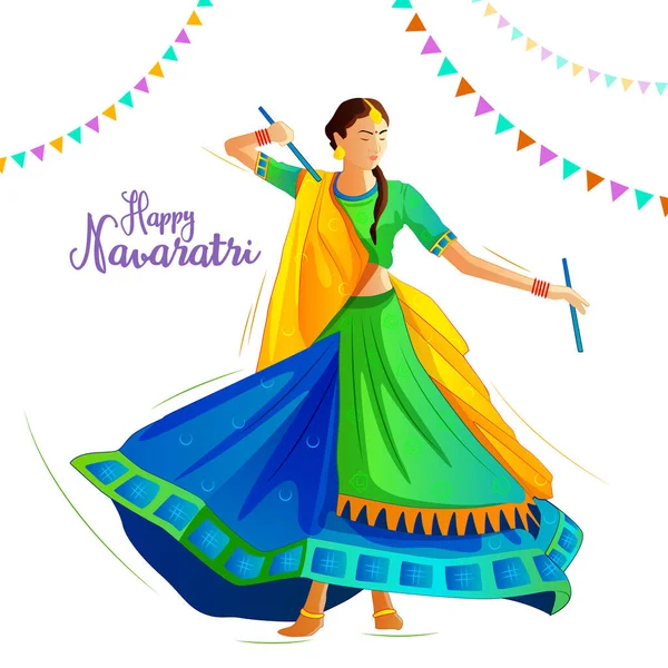 Navaratri Garba Disko Geceleri vesilesiyle kız resimleri dandiya oynuyor. Renkli geleneksel elbiseler giyiyorlar. Mavi renkte dekore edilmiş arka plan. Mutlu Navaratri. Mutlu Dussehra.