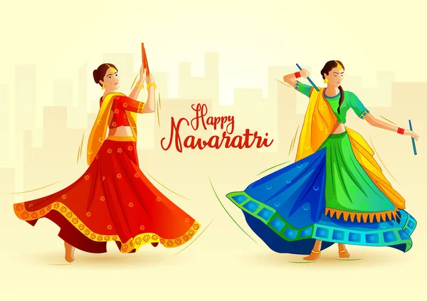 Navaratri Garba Disko Geceleri vesilesiyle kız resimleri dandiya oynuyor. Renkli geleneksel elbiseler giyiyorlar. Mavi renkte dekore edilmiş arka plan. Mutlu Navaratri. Mutlu Dussehra.