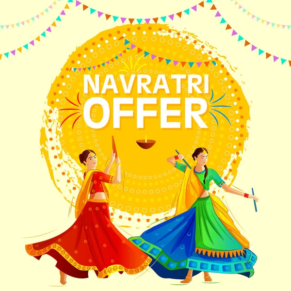 Navaratri Garba Disko Geceleri vesilesiyle kız resimleri dandiya oynuyor. Renkli geleneksel elbiseler giyiyorlar. Mavi renkte dekore edilmiş arka plan. Mutlu Navaratri. Mutlu Dussehra.