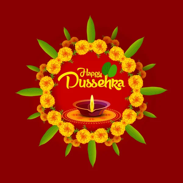Mutlu Dussehra. Çiçek, yaprak ve diya içeren mutlu Dussehra Resimleri. Sade arka planda iyi dekore edilmiş.