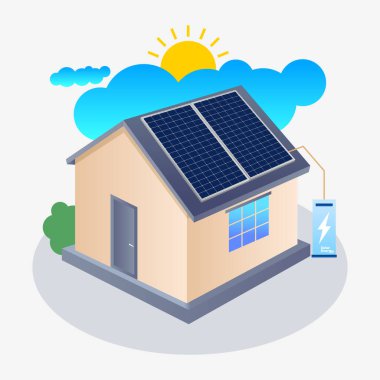 Çatı katı güneş panelleri yenilenebilir enerji bataryalarına bağlı modern bir çevre dostu evin tasviri. Temiz enerji, sürdürülebilirlik ve yeşil teknoloji kavramı.