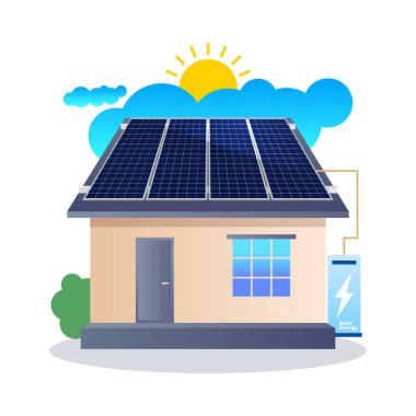 Bir enerji depolama bataryasına bağlı çatı güneş panelleri olan modern bir evin tasviri. Yenilenebilir enerji, sürdürülebilirlik ve çevre dostu konut çözümleri kavramı.