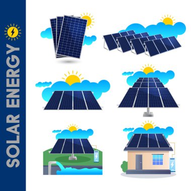Güneş ve bulutlu farklı güneş panellerini gösteren vektör çizimleri koleksiyonu. Temiz enerji kavramları, sürdürülebilir elektrik, alternatif enerji ve çevre dostu teknoloji tasarımları için mükemmel..