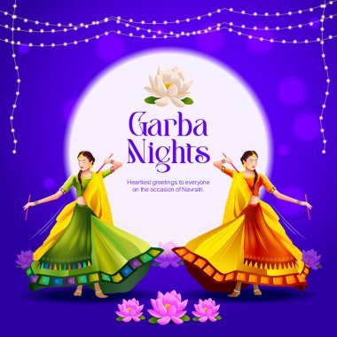 Navratri festivali sırasında Garba dansı yapan kadınların güzel vektör çizimi. Festival posterleri, davetiyeler, afişler ve dijital promosyonlar için mükemmel..