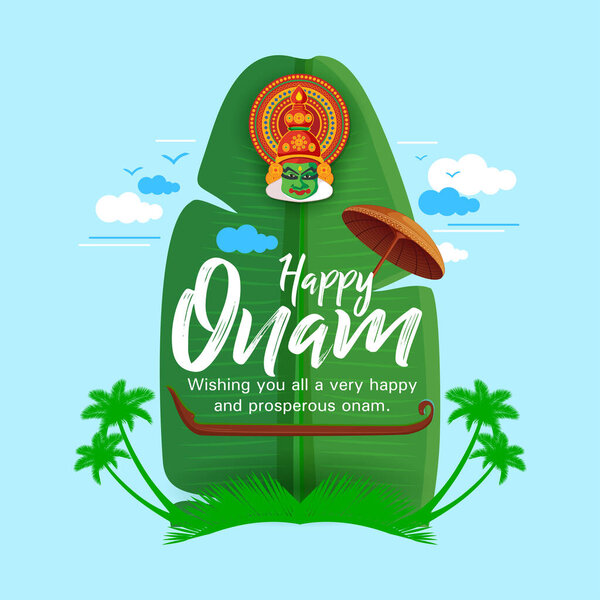 Уникальное векторное изображение праздника Онам с банановым листом, лицом Катхакали, зонтиком и элементами Кералы. Отлично подходит для плакатов, поздравлений и приглашений.