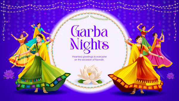 Живые векторные рисунки, изображающие группу женщин, исполняющих танец Гарба в традиционной одежде для фестиваля Навратри. Идеально подходит для праздничных плакатов, приглашений и цифровых баннеров.