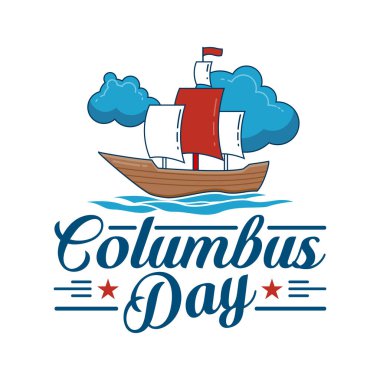 Tahta bir yelkenli, kalın kırmızı yelkenliler, bulutlar ve dekoratif tatil harfleri içeren detaylı Columbus Günü vektör çizimi. Kutlama kartları, afişler, posterler ve sosyal medya için mükemmel..