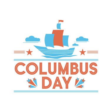 Kolomb Günü için yelkenli, yıldızlı, bulutlu ve dekoratif tipografisi olan bir geminin cesur vektör tasarımı. Bayram tebrik kartları, parti davetiyeleri, posterler ve dijital promosyonlar için ideal.