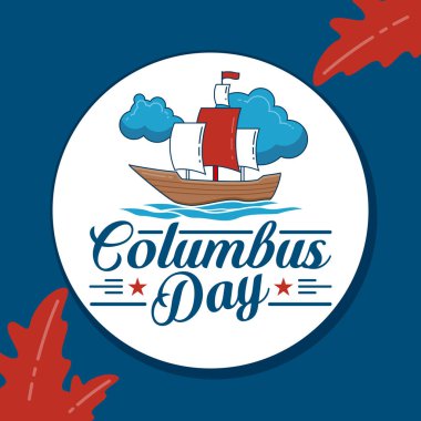 Kırmızı yelkenli, okyanus dalgalı ve mavi bulutlu ahşap bir yelkenli taşıyan modern düz stil Kolomb Günü vektörü. Posterler, el ilanları ve sosyal medya grafikleri için ideal.