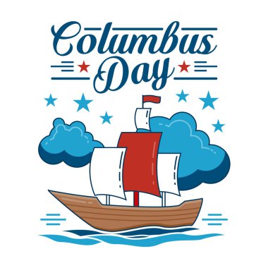 Yıldızlar ve okyanus dalgalarıyla çevrili, kırmızı yelkenli klasik ahşap bir geminin Colombus Günü vektör tasarımı. Etkinlik ilanları, kartlar ve afişler için harika.