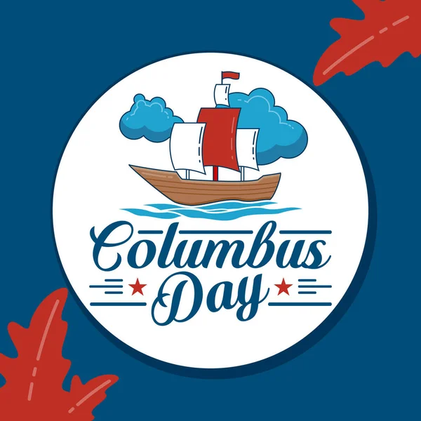 Kırmızı yelkenli, okyanus dalgalı ve mavi bulutlu ahşap bir yelkenli taşıyan modern düz stil Kolomb Günü vektörü. Posterler, el ilanları ve sosyal medya grafikleri için ideal.