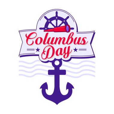 Büyük çapası, tekeri, teleskopu ve kalın tipografisi olan dekoratif Columbus Günü vektörü. Afişler, el ilanları ve tatil duyuruları için ideal..