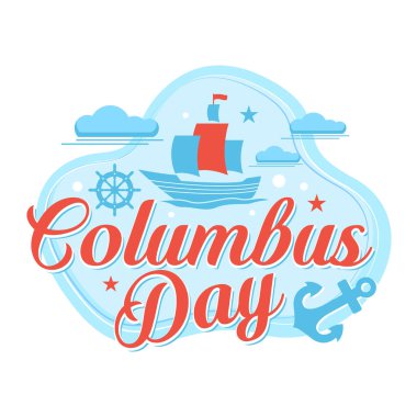 Yelkenli gemi, çapa, bulut ve deniz elementlerinin mavi ve kırmızı renkleriyle Colombus Günü temsili. Bayram tebrik kartları, posterler ve dijital tasarımlar için mükemmel..