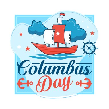 Kırmızı yelkenli gemi, çapa ve mavi arka planda deniz unsurlarıyla canlı Columbus Günü vektör çizimi. Dijital ve yazdırma tasarımları için mükemmel.