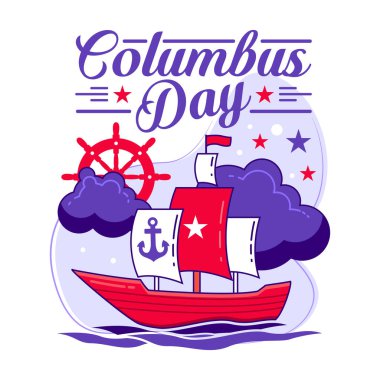 Kırmızı yelkenli bir gemi, çapa, denizcilik çarkı, yıldızlar ve mor temalı arka planlı bir Columbus Günü çizimi. Posterler, sosyal medya ve etkinlik promosyonu için harika..